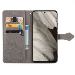 Lacné Kryty | Peňaženkové puzdro Embossing Pattern Mandala Flower sivé – Google Pixel 8 Pro | Lacné Kryty