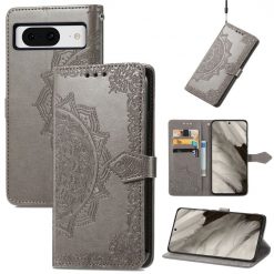 Lacné Kryty | Peňaženkové puzdro Embossing Pattern Mandala Flower sivé – Google Pixel 8 Pro | Lacné Kryty