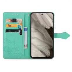 Lacné Kryty | Peňaženkové puzdro Embossing Pattern Mandala Flower zelené – Google Pixel 8 | Lacné Kryty