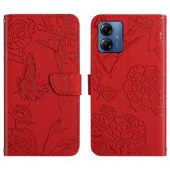 Peňaženkové puzdro Embossing Pattern Motýľ a ruže červené – Motorola Moto G54 5G / G54 5G Power Edition | Lacné Kryty Lacné Kryty | Peňaženkové puzdro Embossing Pattern Motýľ a ruže červené – Motorola Moto G54 5G / G54 5G Power Edition | Lacné Kryty