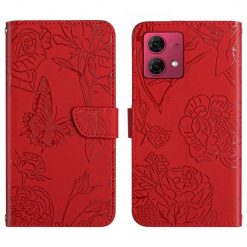 Lacné Kryty | Peňaženkové puzdro Embossing Pattern Motýľ a ruže červené – Motorola Moto G84 5G | Lacné Kryty
