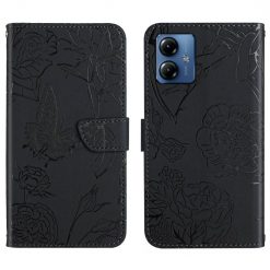 Peňaženkové puzdro Embossing Pattern Motýľ a ruže čierne – Motorola Moto G54 5G / G54 5G Power Edition | Lacné Kryty Lacné Kryty | Peňaženkové puzdro Embossing Pattern Motýľ a ruže čierne – Motorola Moto G54 5G / G54 5G Power Edition | Lacné Kryty