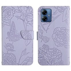 Peňaženkové puzdro Embossing Pattern Motýľ a ruže fialové – Motorola Moto G54 5G / G54 5G Power Edition | Lacné Kryty Lacné Kryty | Peňaženkové puzdro Embossing Pattern Motýľ a ruže fialové – Motorola Moto G54 5G / G54 5G Power Edition | Lacné Kryty