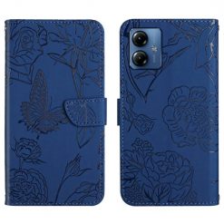 Peňaženkové puzdro Embossing Pattern Motýľ a ruže modré – Motorola Moto G54 5G / G54 5G Power Edition | Lacné Kryty Lacné Kryty | Peňaženkové puzdro Embossing Pattern Motýľ a ruže modré – Motorola Moto G54 5G / G54 5G Power Edition | Lacné Kryty