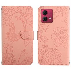 Lacné Kryty | Peňaženkové puzdro Embossing Pattern Motýľ a ruže ružové – Motorola Edge 40 Neo | Lacné Kryty