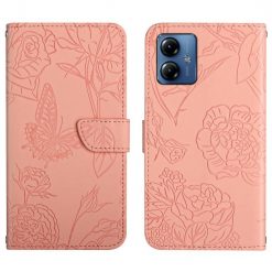 Peňaženkové puzdro Embossing Pattern Motýľ a ruže ružové – Motorola Moto G54 5G / G54 5G Power Edition | Lacné Kryty Lacné Kryty | Peňaženkové puzdro Embossing Pattern Motýľ a ruže ružové – Motorola Moto G54 5G / G54 5G Power Edition | Lacné Kryty