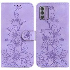 Peňaženkové puzdro Embossing Pattern Ľalia fialové – Nokia G42 | Lacné Kryty Lacné Kryty | Peňaženkové puzdro Embossing Pattern Ľalia fialové – Nokia G42 | Lacné Kryty