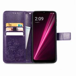 Lacné Kryty | Peňaženkové puzdro Embossing Pattern Štvorlístok fialové – T Phone / T Phone (2023) | Lacné Kryty