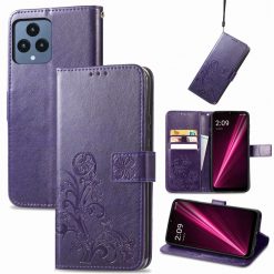Lacné Kryty | Peňaženkové puzdro Embossing Pattern Štvorlístok fialové – T Phone / T Phone (2023) | Lacné Kryty