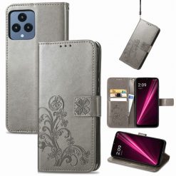 Lacné Kryty | Peňaženkové puzdro Embossing Pattern Štvorlístok sivé – T Phone / T Phone (2023) | Lacné Kryty