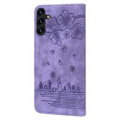 Lacné Kryty | Peňaženkové puzdro Embossing Pattern Mačka fialové – Samsung Galaxy A15 4G/5G | Lacné Kryty