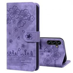 Lacné Kryty | Peňaženkové puzdro Embossing Pattern Mačka fialové – Samsung Galaxy A15 4G/5G | Lacné Kryty