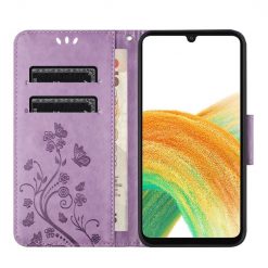 Peňaženkové puzdro Embossing Pattern Motýľ a kvet bledofialové – Samsung Galaxy A15 4G/5G | Lacné Kryty Lacné Kryty | Peňaženkové puzdro Embossing Pattern Motýľ a kvet bledofialové – Samsung Galaxy A15 4G/5G | Lacné Kryty