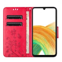 Lacné Kryty | Peňaženkové puzdro Embossing Pattern Motýľ a kvet červené – Samsung Galaxy A15 4G/5G | Lacné Kryty