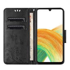 Lacné Kryty | Peňaženkové puzdro Embossing Pattern Motýľ a kvet čierne – Samsung Galaxy A05s | Lacné Kryty