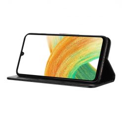 Lacné Kryty | Peňaženkové puzdro Embossing Pattern Motýľ a kvet čierne – Samsung Galaxy A05s | Lacné Kryty