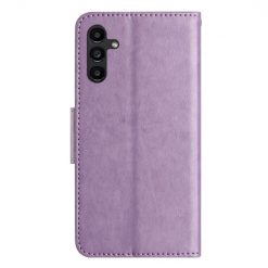 Lacné Kryty | Peňaženkové puzdro Embossing Pattern Motýľ a kvet fialové – Samsung Galaxy A05s | Lacné Kryty