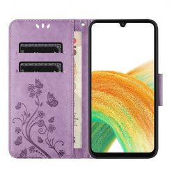 Lacné Kryty | Peňaženkové puzdro Embossing Pattern Motýľ a kvet fialové – Samsung Galaxy A05s | Lacné Kryty