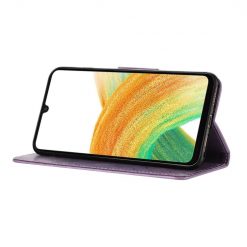 Lacné Kryty | Peňaženkové puzdro Embossing Pattern Motýľ a kvet fialové – Samsung Galaxy A05s | Lacné Kryty