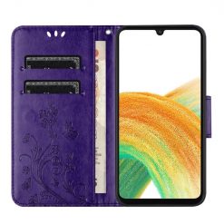 Peňaženkové puzdro Embossing Pattern Motýľ a kvet fialové – Samsung Galaxy A15 4G/5G | Lacné Kryty Lacné Kryty | Peňaženkové puzdro Embossing Pattern Motýľ a kvet fialové – Samsung Galaxy A15 4G/5G | Lacné Kryty