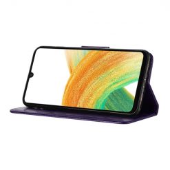 Peňaženkové puzdro Embossing Pattern Motýľ a kvet fialové – Samsung Galaxy A15 4G/5G | Lacné Kryty Lacné Kryty | Peňaženkové puzdro Embossing Pattern Motýľ a kvet fialové – Samsung Galaxy A15 4G/5G | Lacné Kryty
