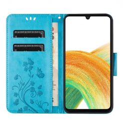 Lacné Kryty | Peňaženkové puzdro Embossing Pattern Motýľ a kvet modré – Samsung Galaxy A15 4G/5G | Lacné Kryty
