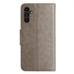 Lacné Kryty | Peňaženkové puzdro Embossing Pattern Motýľ a kvet sivé – Samsung Galaxy A05s | Lacné Kryty