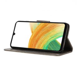 Lacné Kryty | Peňaženkové puzdro Embossing Pattern Motýľ a kvet sivé – Samsung Galaxy A05s | Lacné Kryty