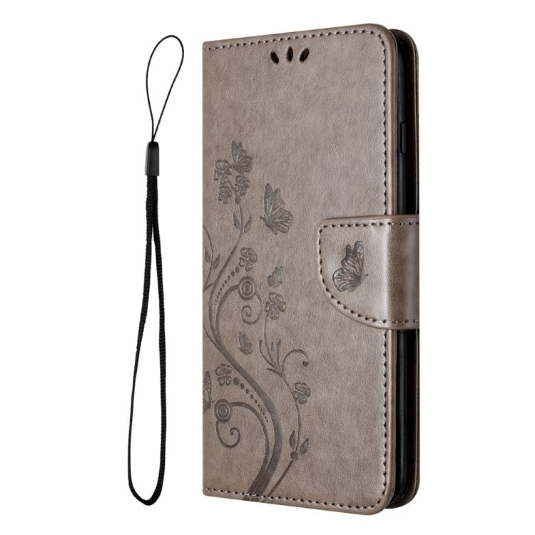 Peňaženkové puzdro Embossing Pattern Motýľ a kvet sivé – Samsung Galaxy A05s