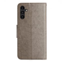 Lacné Kryty | Peňaženkové puzdro Embossing Pattern Motýľ a kvet sivé– Samsung Galaxy A15 4G/5G | Lacné Kryty