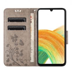 Lacné Kryty | Peňaženkové puzdro Embossing Pattern Motýľ a kvet sivé– Samsung Galaxy A15 4G/5G | Lacné Kryty