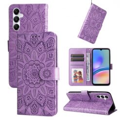 Lacné Kryty | Peňaženkové puzdro Embossing Pattern Slnečnica fialové – Samsung Galaxy A05s | Lacné Kryty