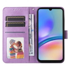 Lacné Kryty | Peňaženkové puzdro Embossing Pattern Slnečnica fialové – Samsung Galaxy A05s | Lacné Kryty