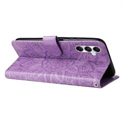 Lacné Kryty | Peňaženkové puzdro Embossing Pattern Slnečnica fialové – Samsung Galaxy A05s | Lacné Kryty