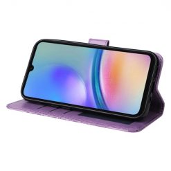 Lacné Kryty | Peňaženkové puzdro Embossing Pattern Slnečnica fialové – Samsung Galaxy A05s | Lacné Kryty