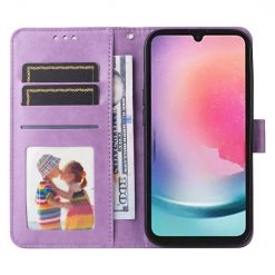 Peňaženkové puzdro Embossing Pattern Slnečnica fialové – Samsung Galaxy A25 5G | Lacné Kryty Lacné Kryty | Peňaženkové puzdro Embossing Pattern Slnečnica fialové – Samsung Galaxy A25 5G | Lacné Kryty