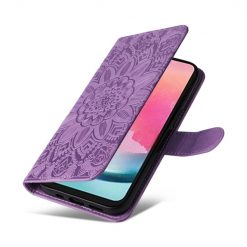 Peňaženkové puzdro Embossing Pattern Slnečnica fialové – Samsung Galaxy A25 5G | Lacné Kryty Lacné Kryty | Peňaženkové puzdro Embossing Pattern Slnečnica fialové – Samsung Galaxy A25 5G | Lacné Kryty