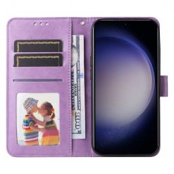Lacné Kryty | Peňaženkové puzdro Embossing Pattern Slnečnica fialové – Samsung Galaxy S24+ (S24 Plus) | Lacné Kryty