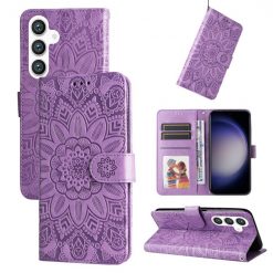 Lacné Kryty | Peňaženkové puzdro Embossing Pattern Slnečnica fialové – Samsung Galaxy S24+ (S24 Plus) | Lacné Kryty