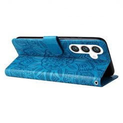 Lacné Kryty | Peňaženkové puzdro Embossing Pattern Slnečnica modré – Samsung Galaxy S24+ (S24 Plus) | Lacné Kryty