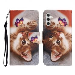 Lacné Kryty | Knižkové puzdro Trendy Cross case Mačka a motýľ – Samsung Galaxy A55 5G | Lacné Kryty