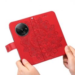 Lacné Kryty | Peňaženkové puzdro Embossing Pattern Flowery Mandala červené – Xiaomi Redmi A3 | Lacné Kryty
