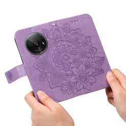 Lacné Kryty | Peňaženkové puzdro Embossing Pattern Flowery Mandala fialové – Xiaomi Redmi A3 | Lacné Kryty