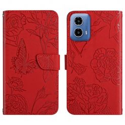 Lacné Kryty | Peňaženkové puzdro Embossing Pattern Motýľ a ruže červené – Motorola Moto G34 5G | Lacné Kryty