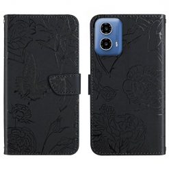Peňaženkové puzdro Embossing Pattern Motýľ a ruže čierne – Motorola Moto G34 5G | Lacné Kryty Lacné Kryty | Peňaženkové puzdro Embossing Pattern Motýľ a ruže čierne – Motorola Moto G34 5G | Lacné Kryty