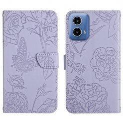 Peňaženkové puzdro Embossing Pattern Motýľ a ruže fialové – Motorola Moto G34 5G | Lacné Kryty Lacné Kryty | Peňaženkové puzdro Embossing Pattern Motýľ a ruže fialové – Motorola Moto G34 5G | Lacné Kryty