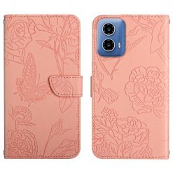Lacné Kryty | Peňaženkové puzdro Embossing Pattern Motýľ a ruže ružové – Motorola Moto G34 5G | Lacné Kryty