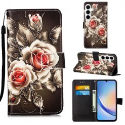 Lacné Kryty | Knižkové puzdro Trendy Cross case Ruže na čiernom – Samsung Galaxy A35 5G | Lacné Kryty