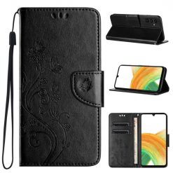 Lacné Kryty | Peňaženkové puzdro Embossing Pattern Motýľ a kvet čierne – Samsung Galaxy A35 5G | Lacné Kryty