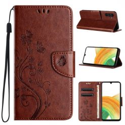 Lacné Kryty | Peňaženkové puzdro Embossing Pattern Motýľ a kvet hnedé – Samsung Galaxy A35 5G | Lacné Kryty